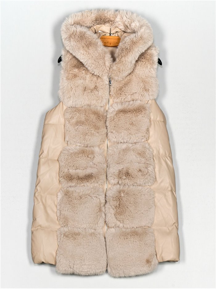 Faux leather faux fur waistcoat with hood apricot (M-XXL)