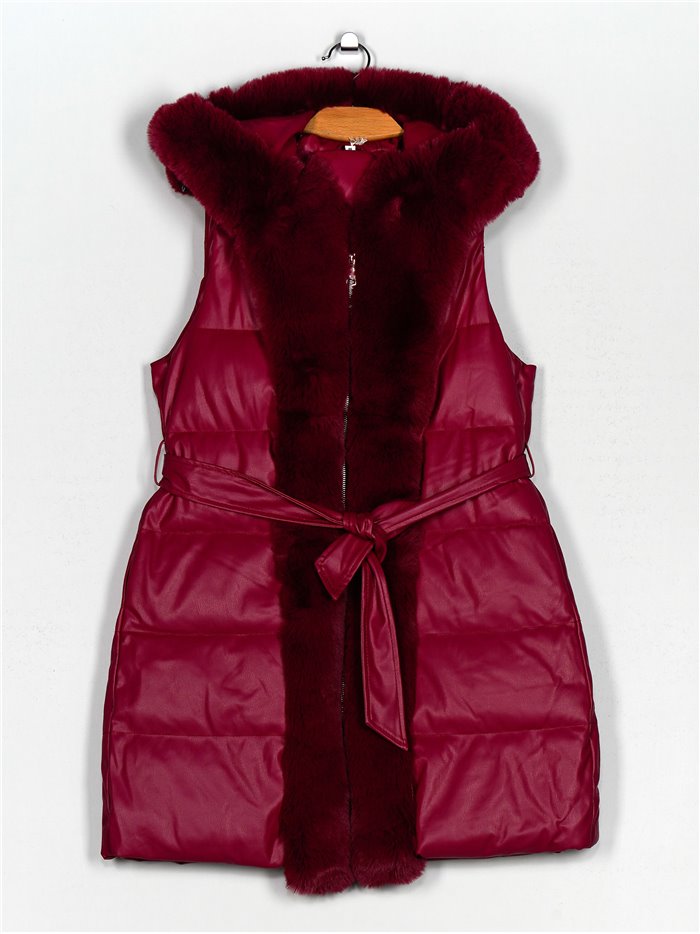 Faux leather faux fur waistcoat with hood fuschia (M-XXL)