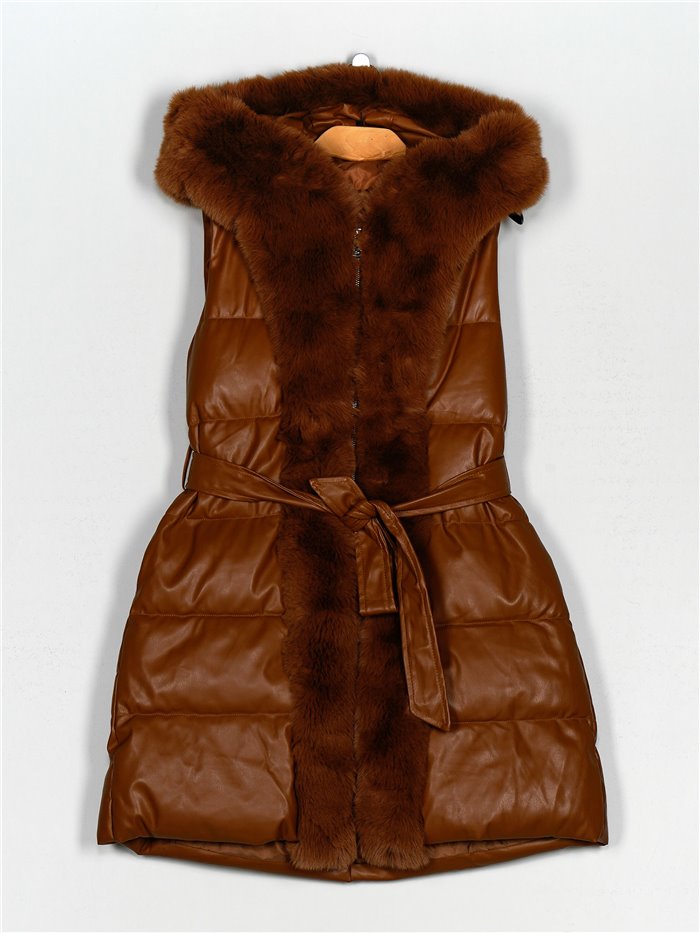 Faux leather faux fur waistcoat with hood camel (M-XXL)