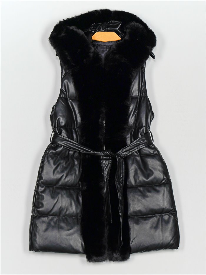 Faux leather faux fur waistcoat with hood black (M-XXL)