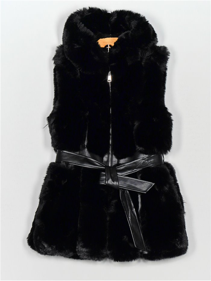 Faux leather faux fur waistcoat with hood black (M-XXL)