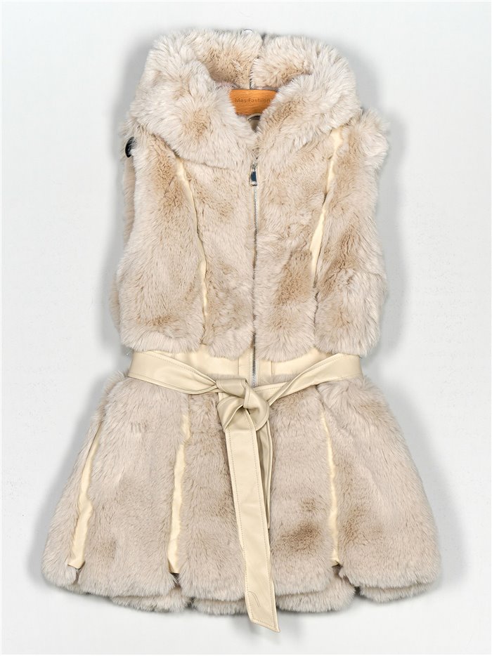 Faux leather faux fur waistcoat with hood beige (M-XXL)