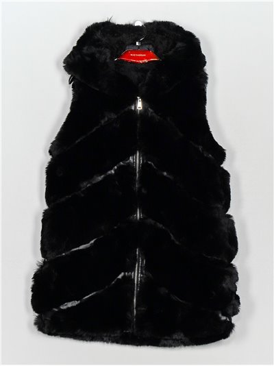 Faux leather faux fur waistcoat with hood black (M-XXL)