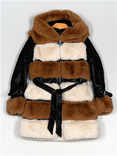 Faux leather coat with faux fur black-camel-beige (M-XXL)