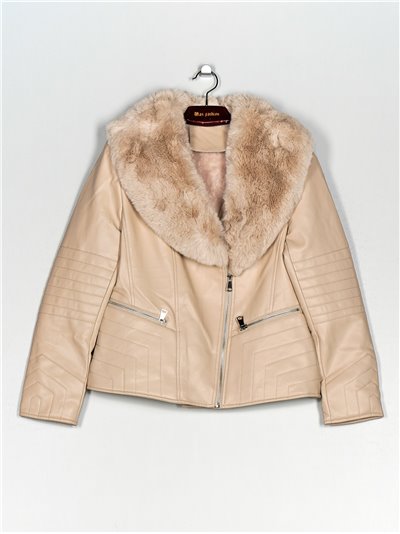 Faux leather biker jacket with faux fur apricot (40-48)