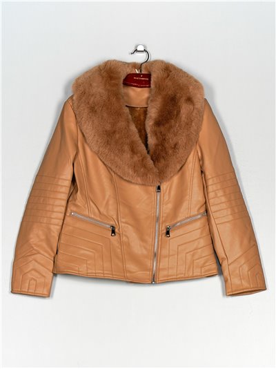 Faux leather biker jacket with faux fur khaki (40-48)