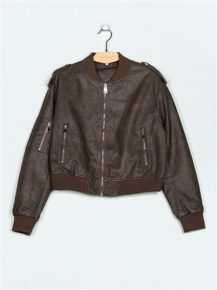 Bomber combinada efecto piel coffee (S-M-L-XL)