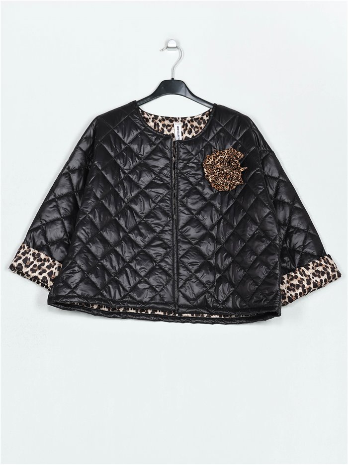 Leopard print quilted down puffer jacket negro