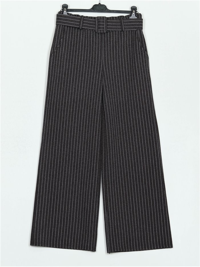 Belted straight striped trousers negro