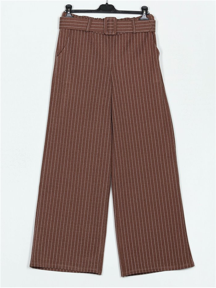 Belted straight striped trousers marron