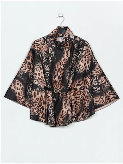 Belted animal print soft cape negro