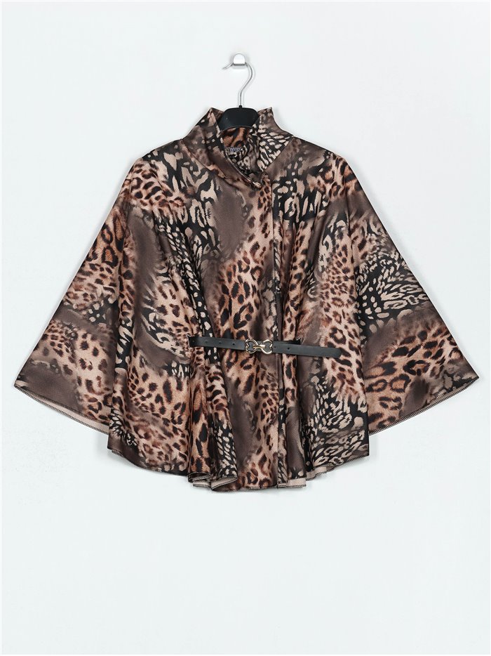 Belted animal print soft cape marron