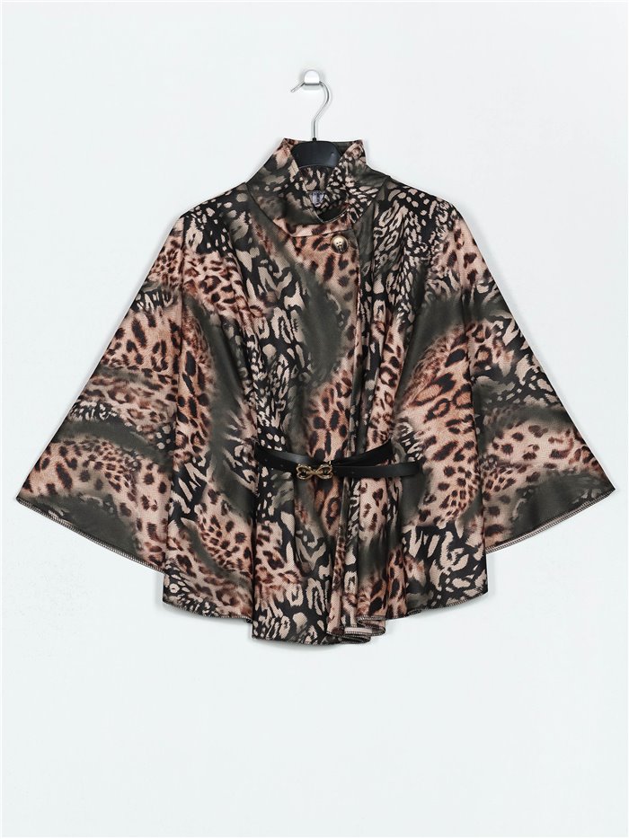 Belted animal print soft cape verde-militar