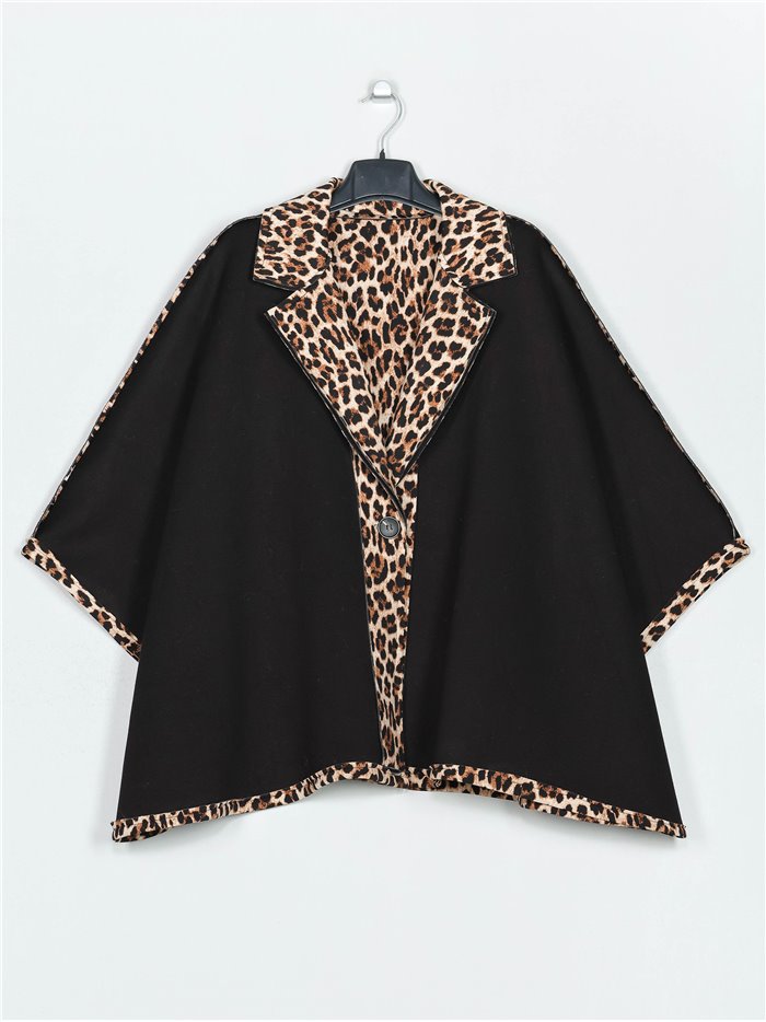 Buttoned maxi neoprene leopard print cape negro