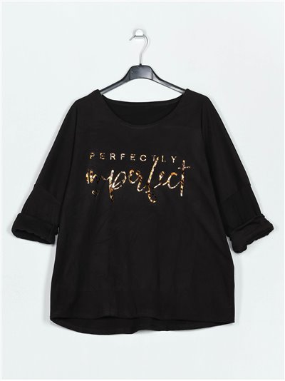 Plus size fleece slogan t-shirt negro