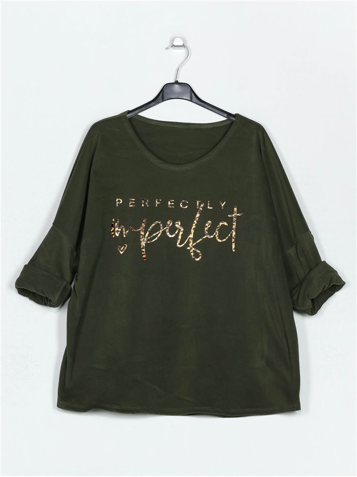 Plus size fleece slogan t-shirt verde-militar