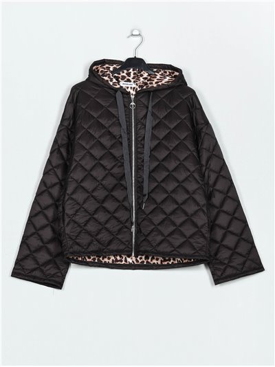 Leopard print quilted down puffer jacket with hood negro