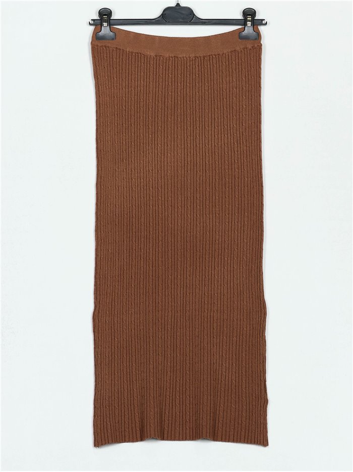 Textured cable-knit midi skirt marron