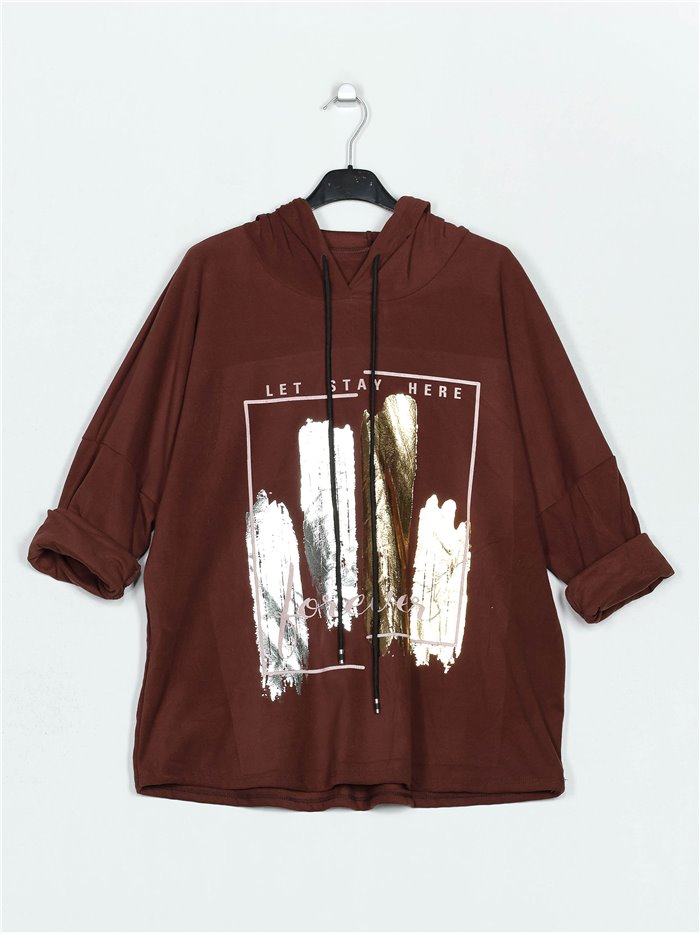 Plus size fleece slogan sweatshirts with hood marron