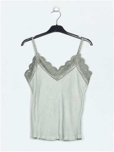 Faded-effect top with lace verde-militar