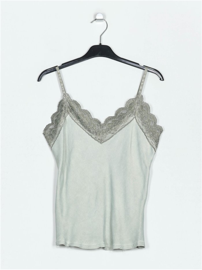 Faded-effect top with lace verde-militar