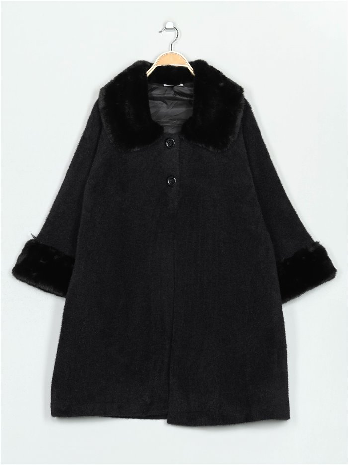 Plus size knit coat with faux fur negro