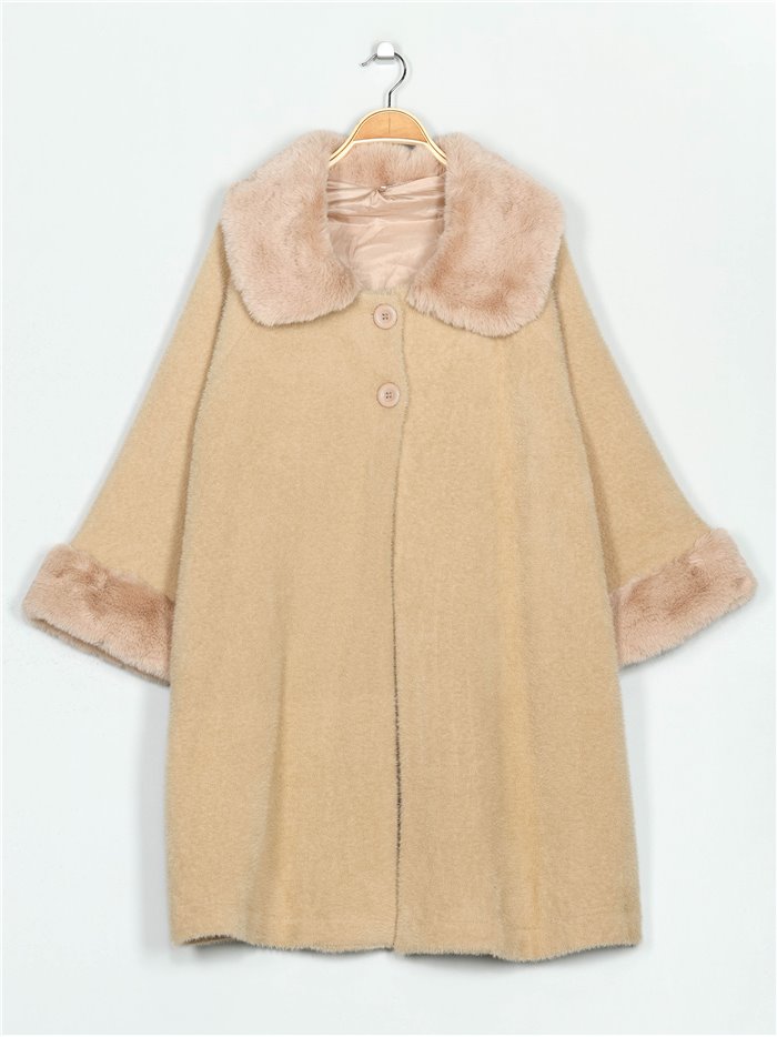 Plus size knit coat with faux fur beis