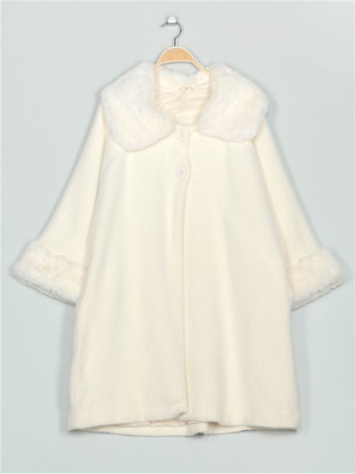 Plus size knit coat with faux fur blanco