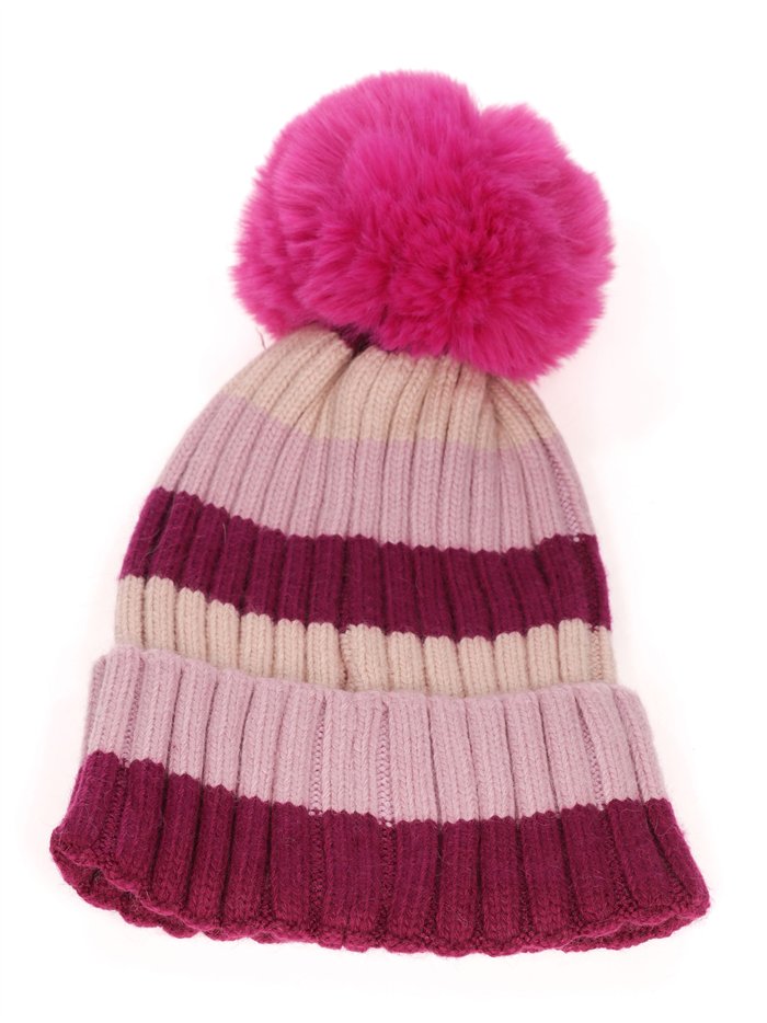 Gorro punto franjas pompon fucsia