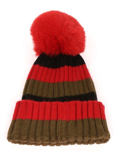 Striped knit beanie with pompom rojo