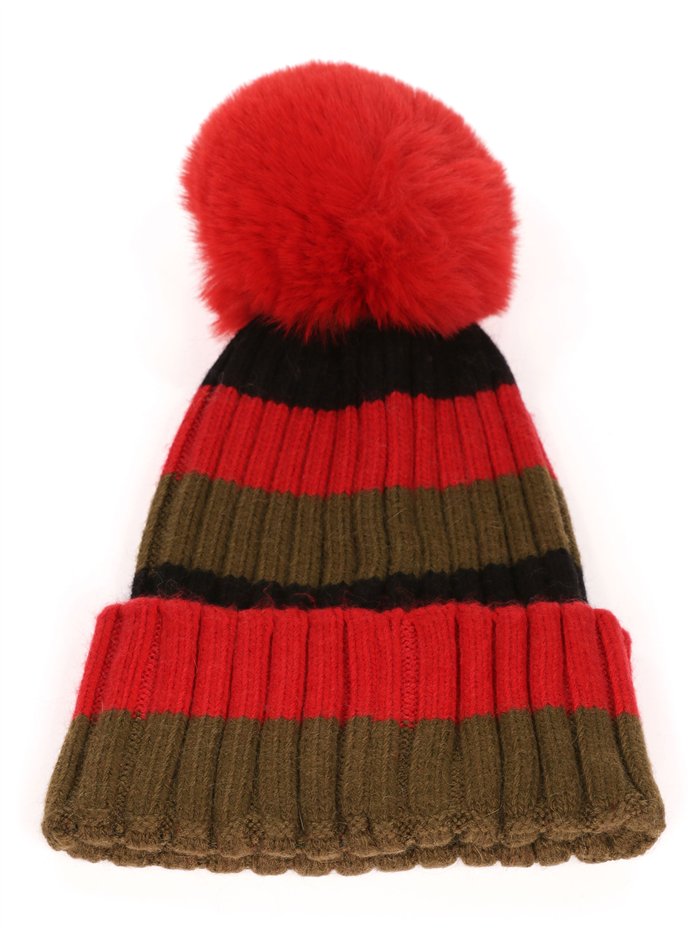 Gorro punto franjas pompon rojo