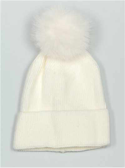 Striped knit beanie with pompom blanco