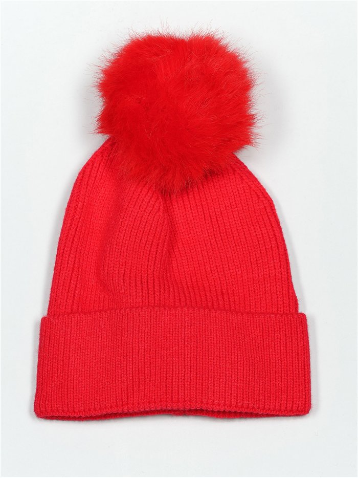 Striped knit beanie with pompom rojo