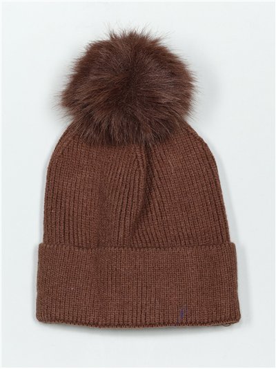 Striped knit beanie with pompom marron