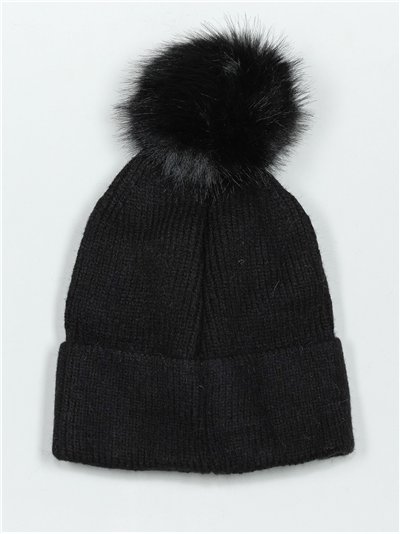 Striped knit beanie with pompom negro