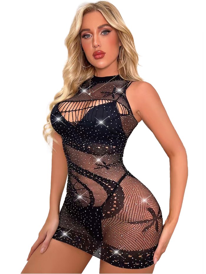 Vestido rejilla strass negro