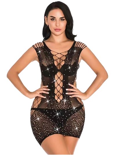 Vestido rejilla strass negro