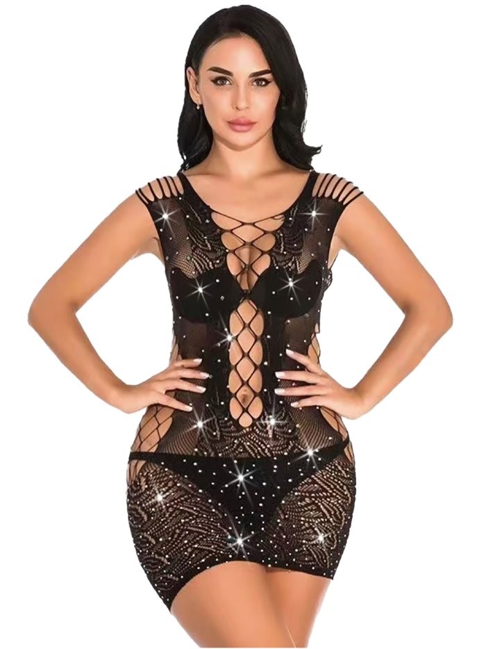 Vestido rejilla strass negro