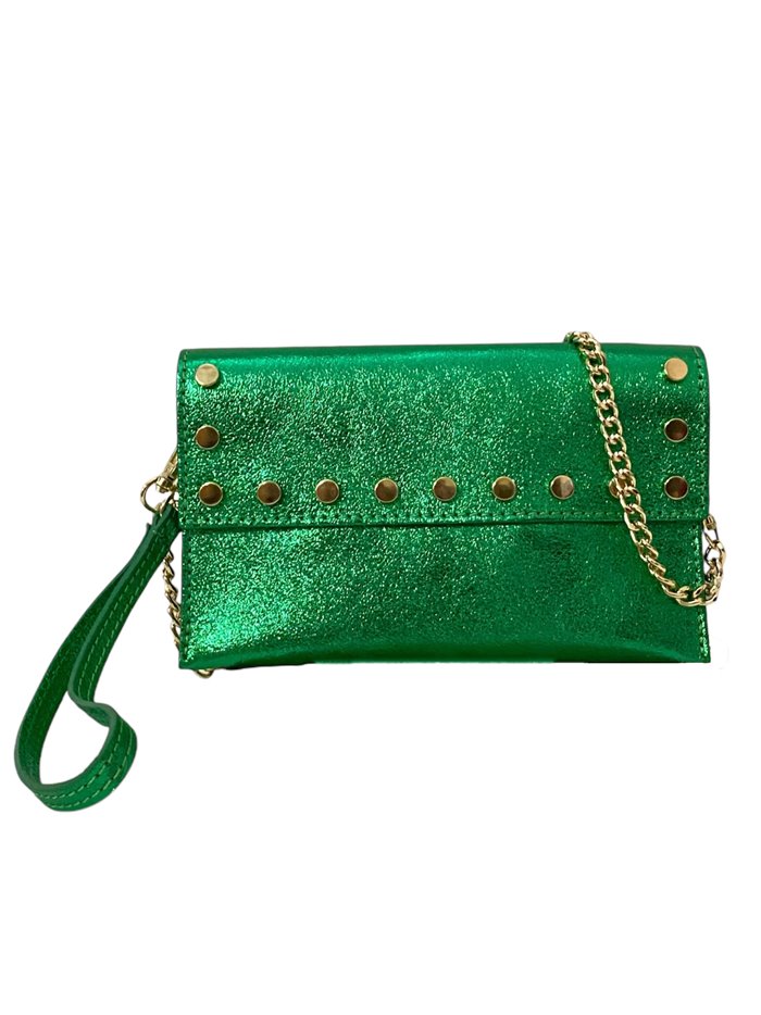 Mini clutch piel tachas verde-brillo