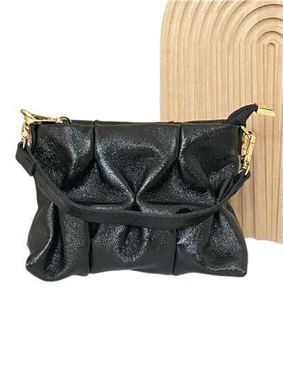 Mini clutch piel frunces negro-brillo