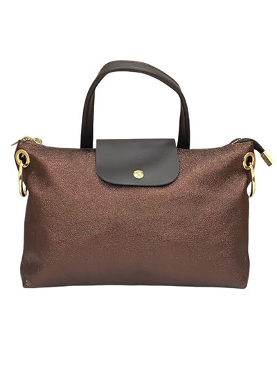 Mini shopper combinado piel marron-brillo