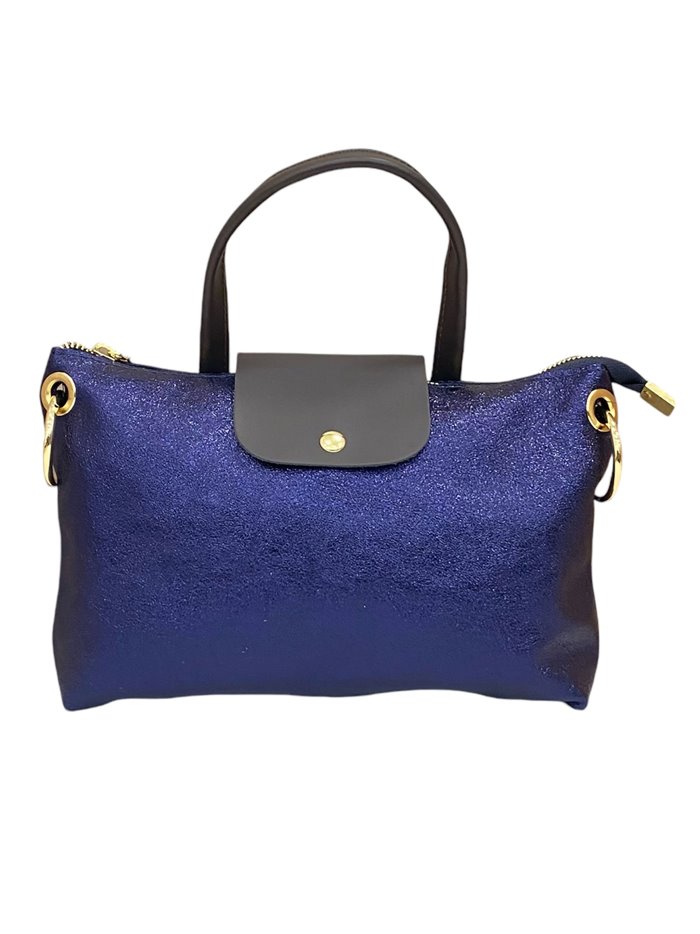 Mini shopper combinado piel azul-brillo