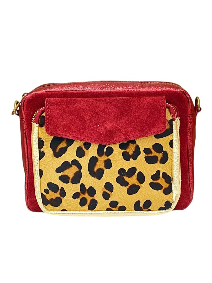 Bandolera serraje pelo animal print rojo