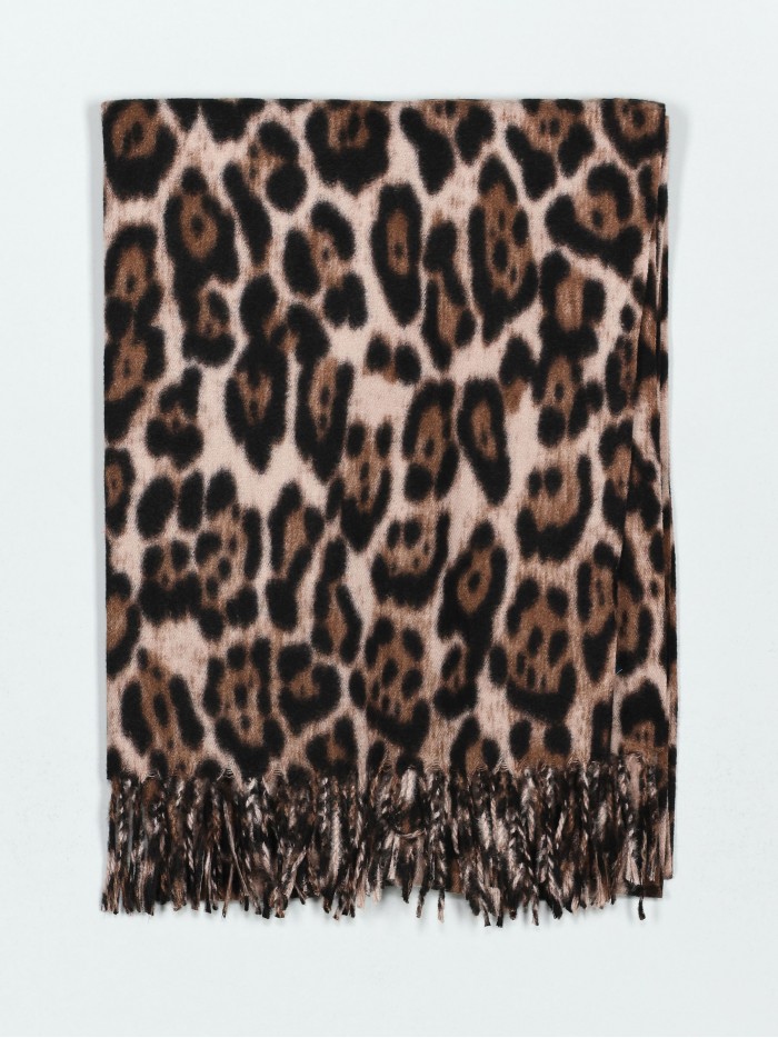 Leopard scarf with fringing taupe