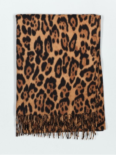 Leopard scarf with fringing camel