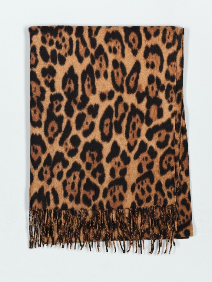 Leopard scarf with fringing camel