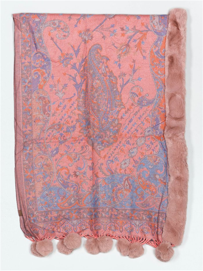 Faux fur cachemir print scarf with pompoms rosa