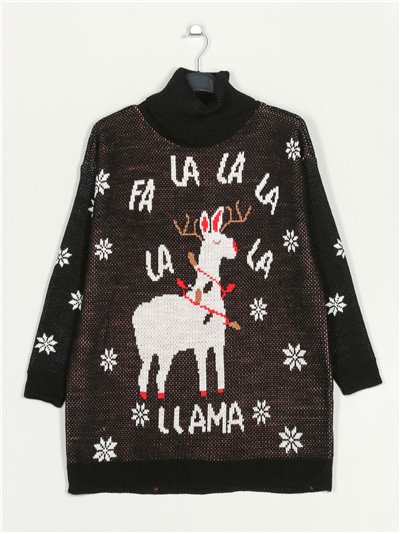 Jersey navideño llama cuello vuelto negro