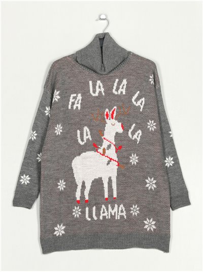 Jersey navideño llama cuello vuelto gris