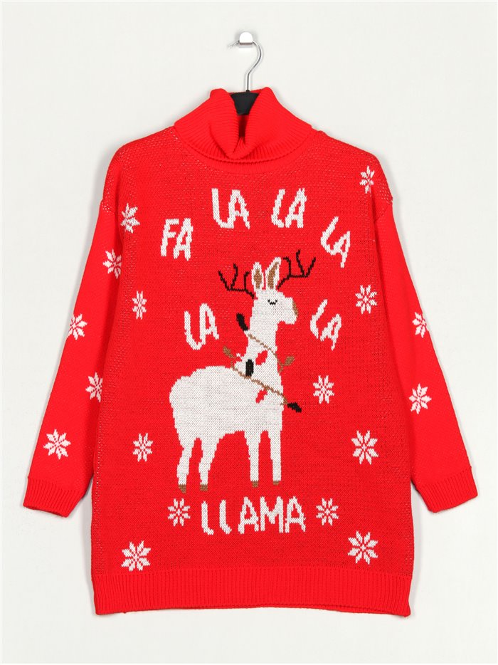 Jersey navideño llama cuello vuelto rojo